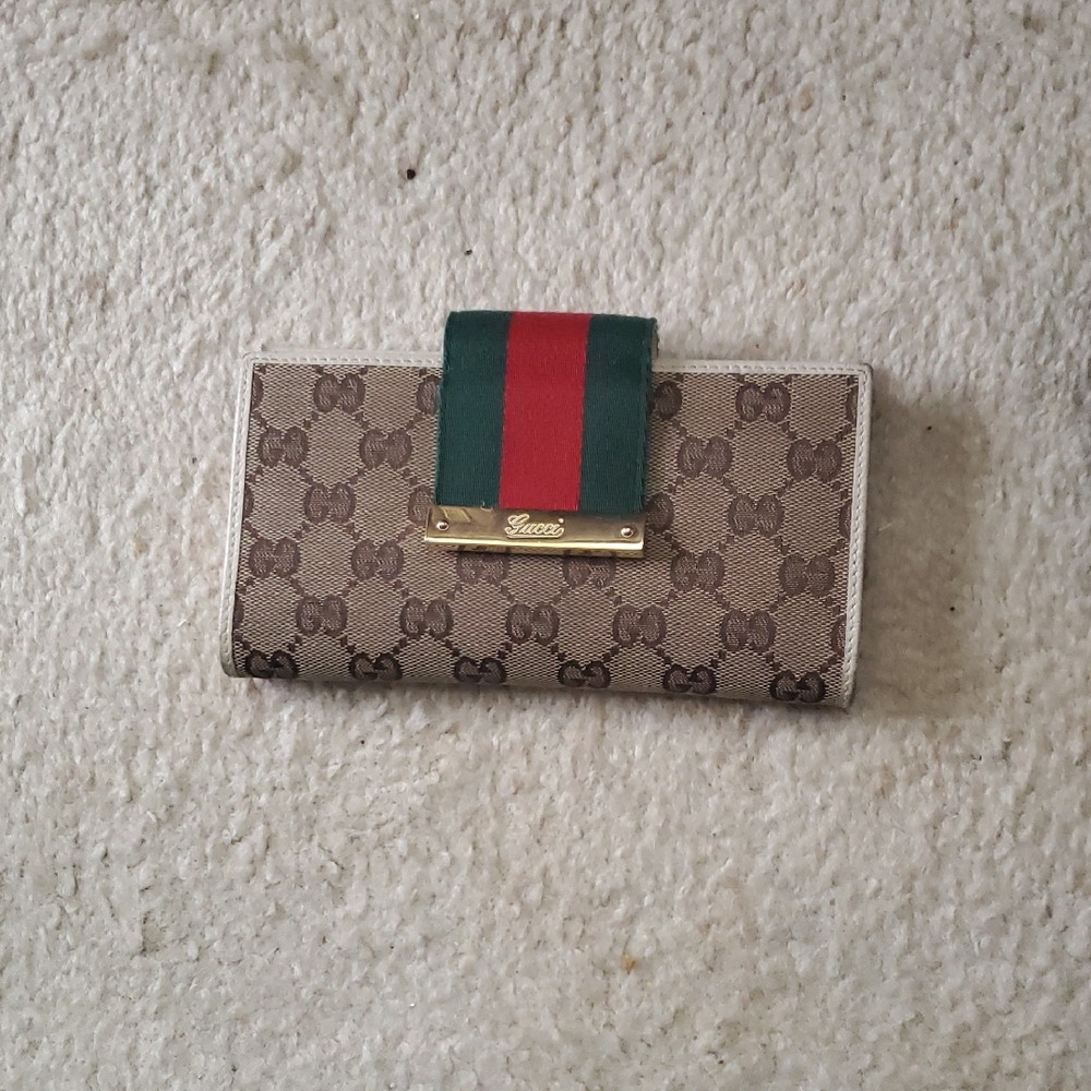 Vintage Gucci Beige/Brown, GG Monogram Wallet, Green/ Red Web, Large